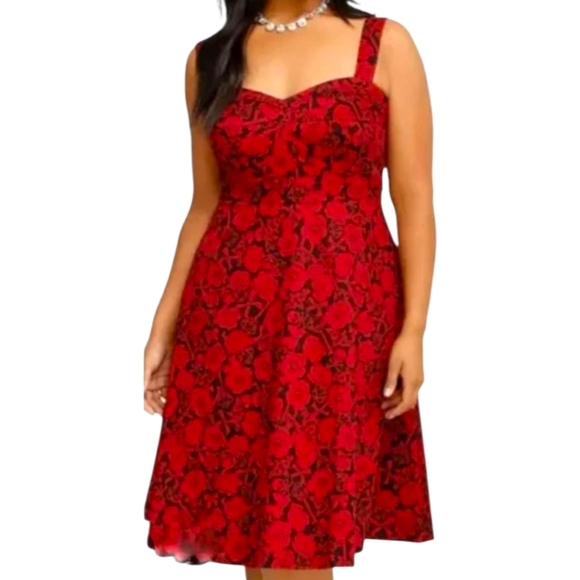 TORRID Plus Size Unique gothic Retro Chic Red Roses, Skulls, Gothic midi dress - Picture 5 of 16